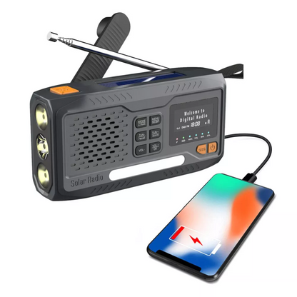 Nødradio med DAB+/FM – 4500mAh Powerbank, Lommelykt, Sveiv & Solcelle | Kan også bruke AAA-batterier